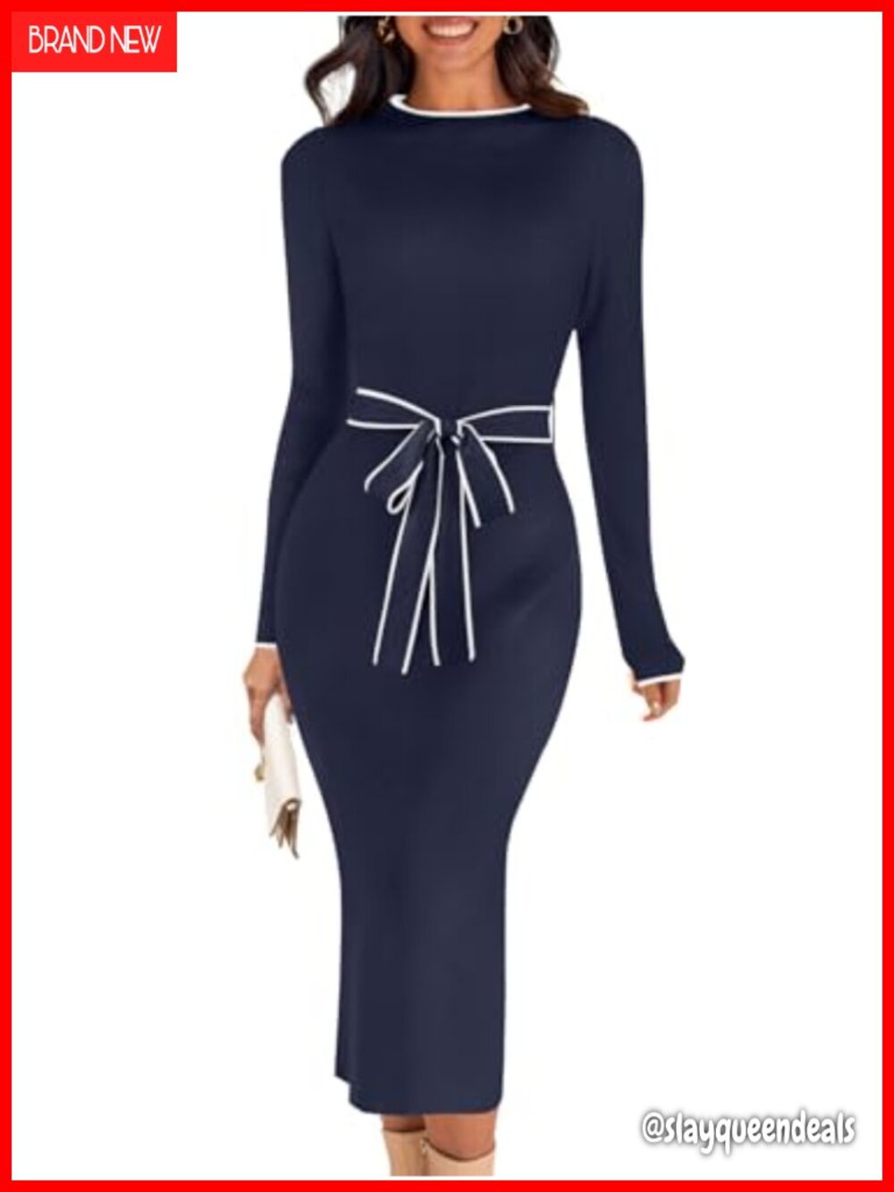 MEROKEETY Women's Long Sleeve Bodycon Tie Waist Midi Sweater Dress